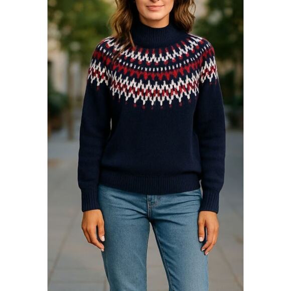 J.Crew Fair Isle Mockneck Pullover Sweater Navy Blue Womens Size Small - Picture 1 of 8